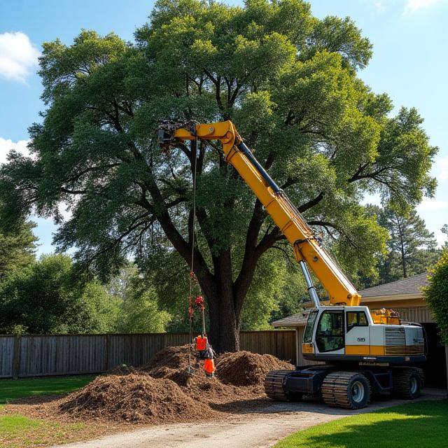Heavy machinery removing a large oak tree near residential structure
