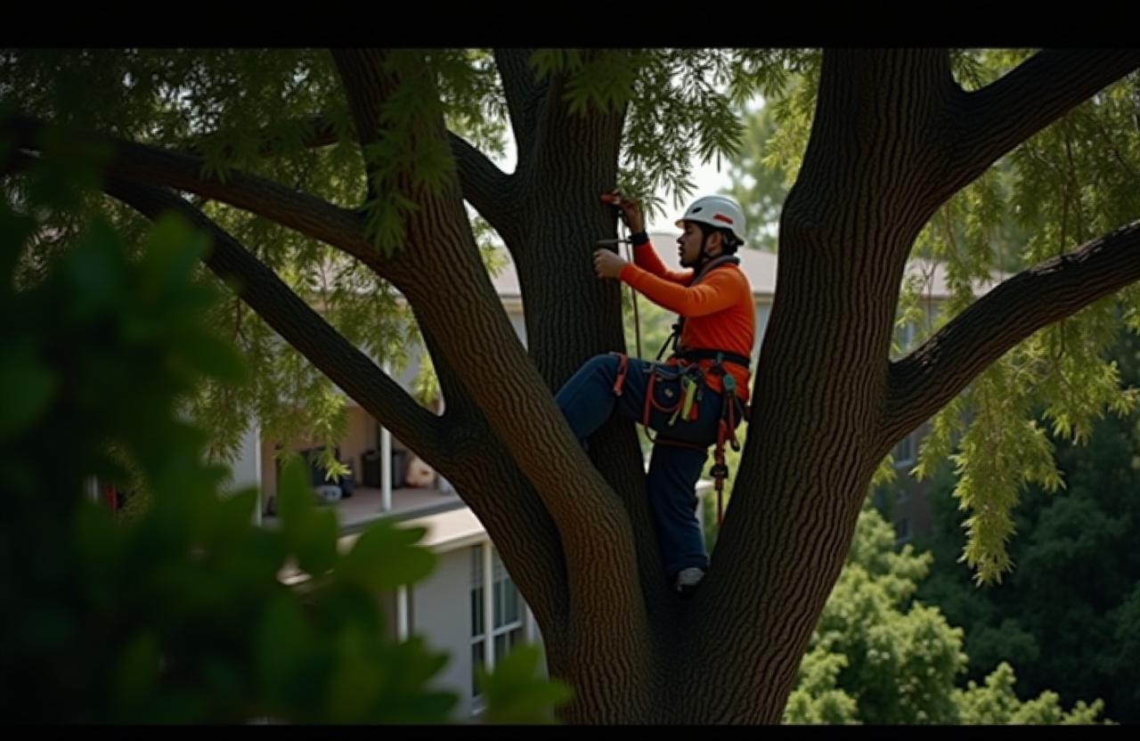 Professional tree climber safely removing a large branch in Jacksonville